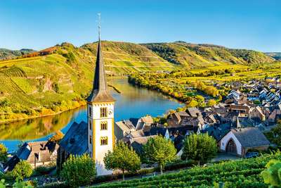 Das Örtchen Bremm mit Kirche Sankt Lorenz und Steillage Calmont. Der steilste Weinberg Europas hat Steigungen von bis zu 68 Grad.