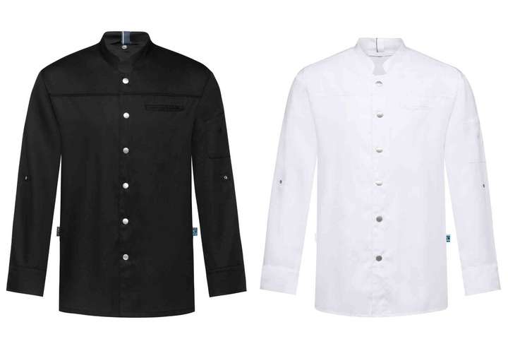 Das Herren-Kochhemd ist in schwarz und weiß erhältlich.