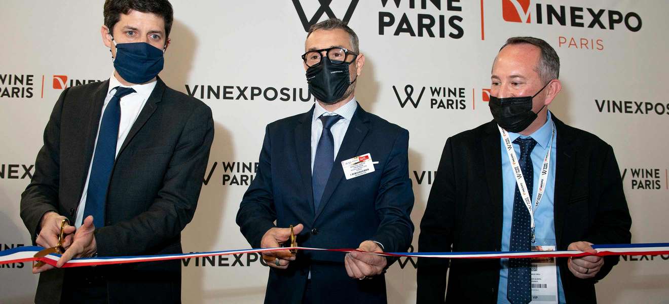 Julien Denormandie, Rodolphe Lameyse und Fabrice Rieu bei der Vinexpo-Eröffnung in Paris 