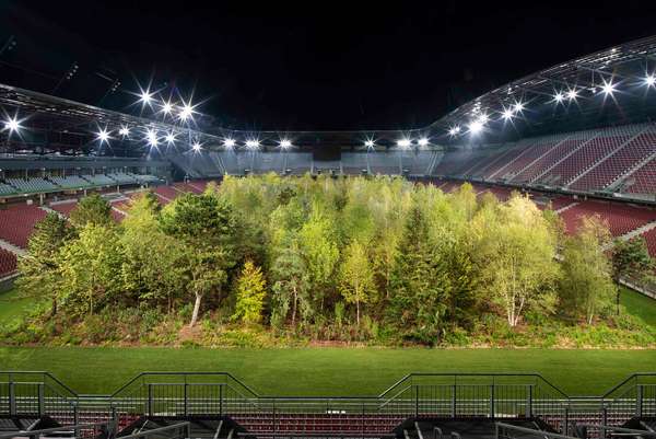 Spielfeld Natur Mit dem Künstler Klaus Littmann plante Enzo Enea 2019 das Projekt »For Forest«, für das temporär 300 Bäume ins Klagenfurter Wörthersee Stadion gepflanzt wurden.