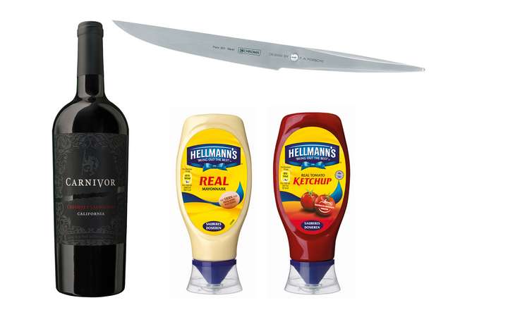 Runden den Grillabend ab: Chroma Steakmesser von kochmesser.de, eine Flasche Carnivor Cabernet Sauvignon und passende Soßen von Hellmann's.