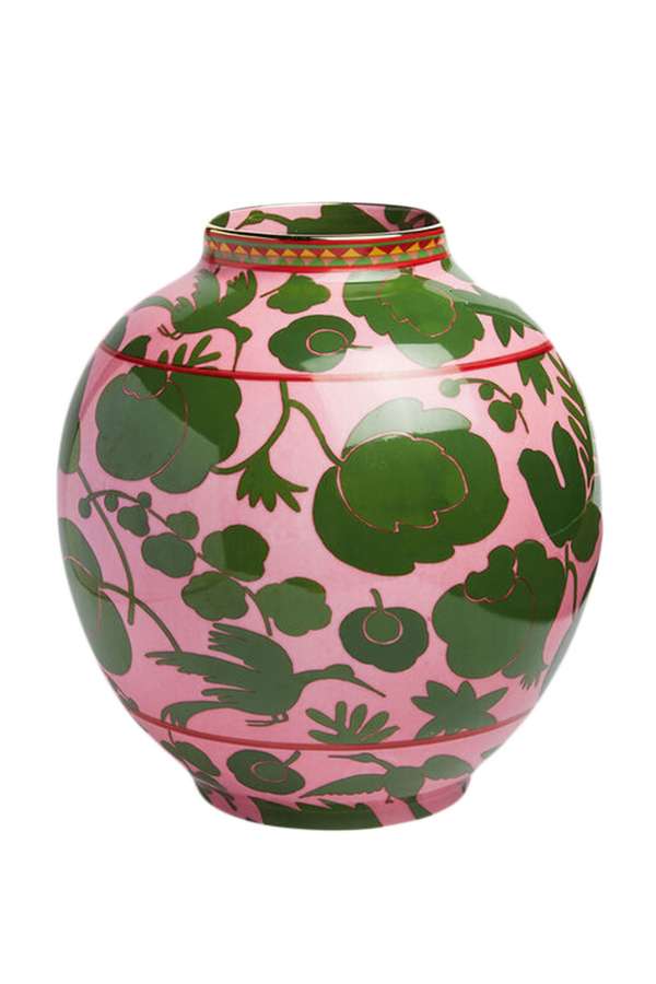Die Bubble-Vase »Wildbird Rosa« stammt aus der  historischen Porzellan-Werkstätte Ancap in Verona. Mit 18-Karat-Goldrand  und Vintage-Archivmuster. ladoublej.com